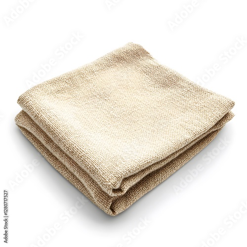 Beige linen kitchen towel folded neatly on a white background for home and kitchen use