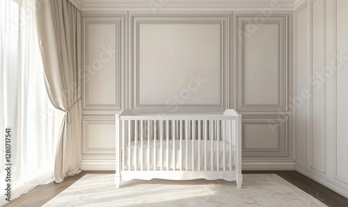 Minimalist nursery design featuring elegant white crib in bright, airy room