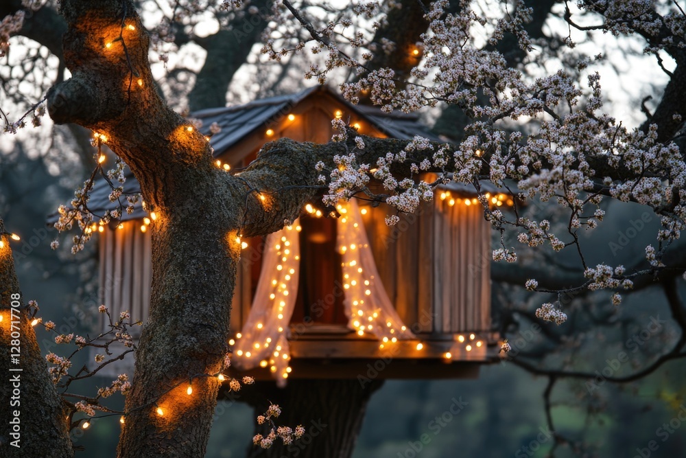 Obraz premium A whimsical treehouse with fairy lights hanging from its roof, perfect for a magical and cozy atmosphere