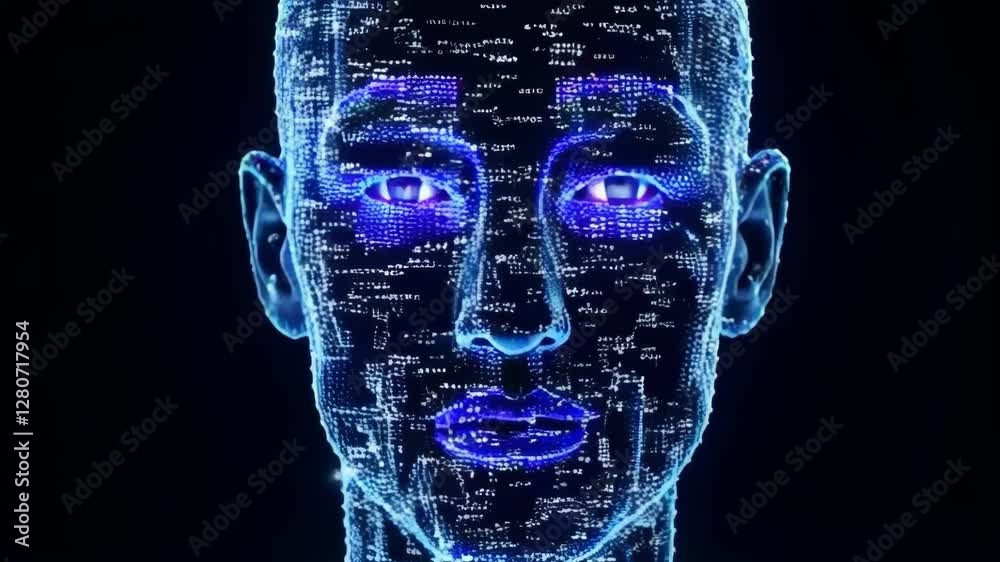 A man's face is shown in a blue light with a computer chip design. The face is surrounded by a cityscape, giving the impression of a futuristic, technological world. Scene is one of wonder and awe
