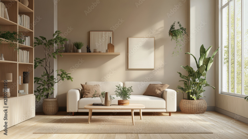 Obraz premium Cozy Living Room with Plants and Natural Light: A bright and airy living room featuring a neutral color palette, a comfortable sofa, and lush greenery, creating a serene and inviting atmosphere.