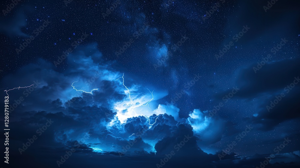 Fototapeta premium night sky photograph, featuring lightning illuminating storm clouds under a starry sky.