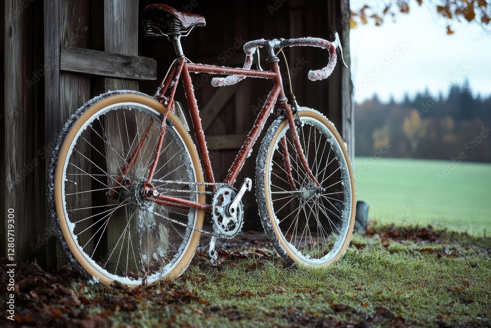 Fototapeta premium Old bike leans against rustic barn wall