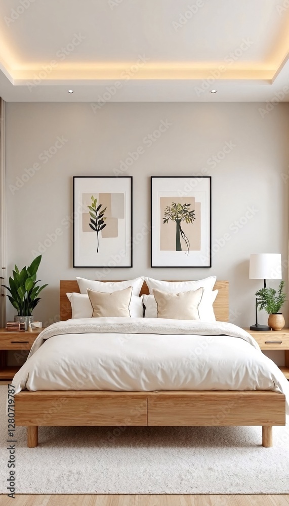 Fototapeta premium a modern bedroom with a white ceiling and two leaf prints on the wall.