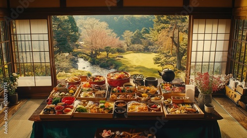 Japanese Food Display with Garden View photo