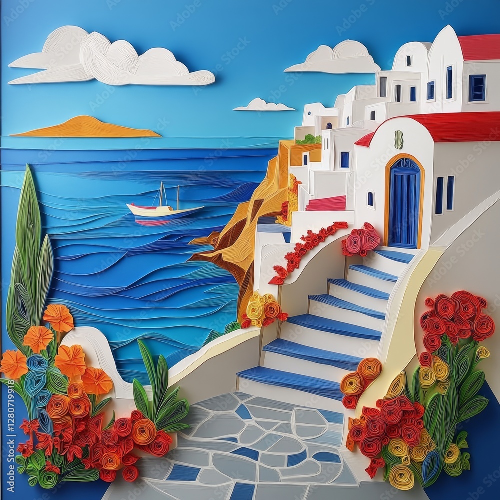 Fototapeta premium Colorful paper art depicting a coastal village with blue waters, white buildings, and vibrant flowers near the sea