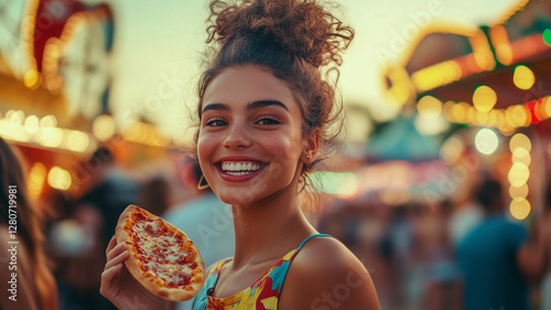 A young woman with her hair in an updo, wearing colorful summer attire and smiling brightly at the camera as she eats pizza while walking through an amusement park during sunset. Ai generated