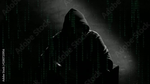 Anonymous computer hacker in a hood interview vintage VHS tape style video footage, mysterious man sitting on a chair and talking. Incognito hacker interview with no visible face footage