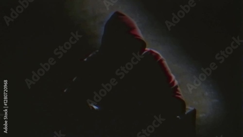Anonymous computer hacker in a hood interview vintage VHS tape style video footage, mysterious man sitting on a chair and talking. Incognito hacker interview with no visible face footage