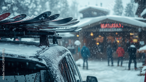 Close-up of a car's roof rack with snowboards and skis on top. In the background, there is an après-ski bar entrance, with people walking around to get inside. Ai generated