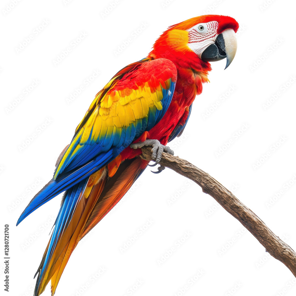 Fototapeta premium Vibrant Scarlet Macaw on Branch on transparent background.