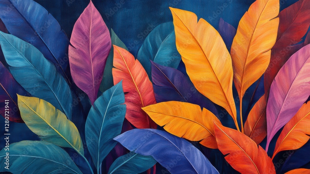 An abstract illustration with colorful jungle leaves, evoking the energy and vibrancy of summer An abstract illustration with colorful jungle leaves, evoking the energy and vibrancy of summer