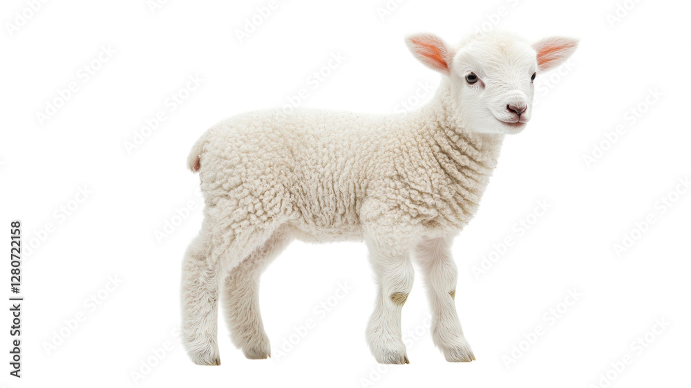 Fototapeta premium Cute playful lamb standing on a clean background with bright eyes and fluffy fleece