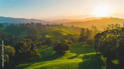 Aerial view of lush tea fields with rolling hills under a clear sky, scenic natural landscape, vibrant green colors, natural daylight