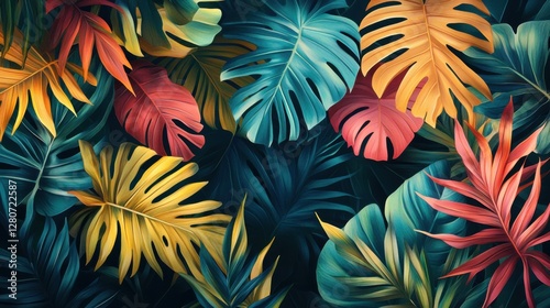 An abstract illustration with colorful jungle leaves, evoking the energy and vibrancy of summer