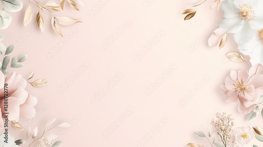 Fototapeta premium Delicate paper flowers arrangement in blush pink and gold tones with copy space