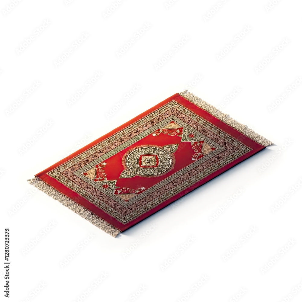 Isometric Depiction of Ornate Islamic Prayer Rug with Tassels Isolated Isometric Depiction of Ornate Islamic Prayer Rug with Tassels Isolated