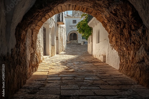 Whitewashed alleyway archway, sunny day