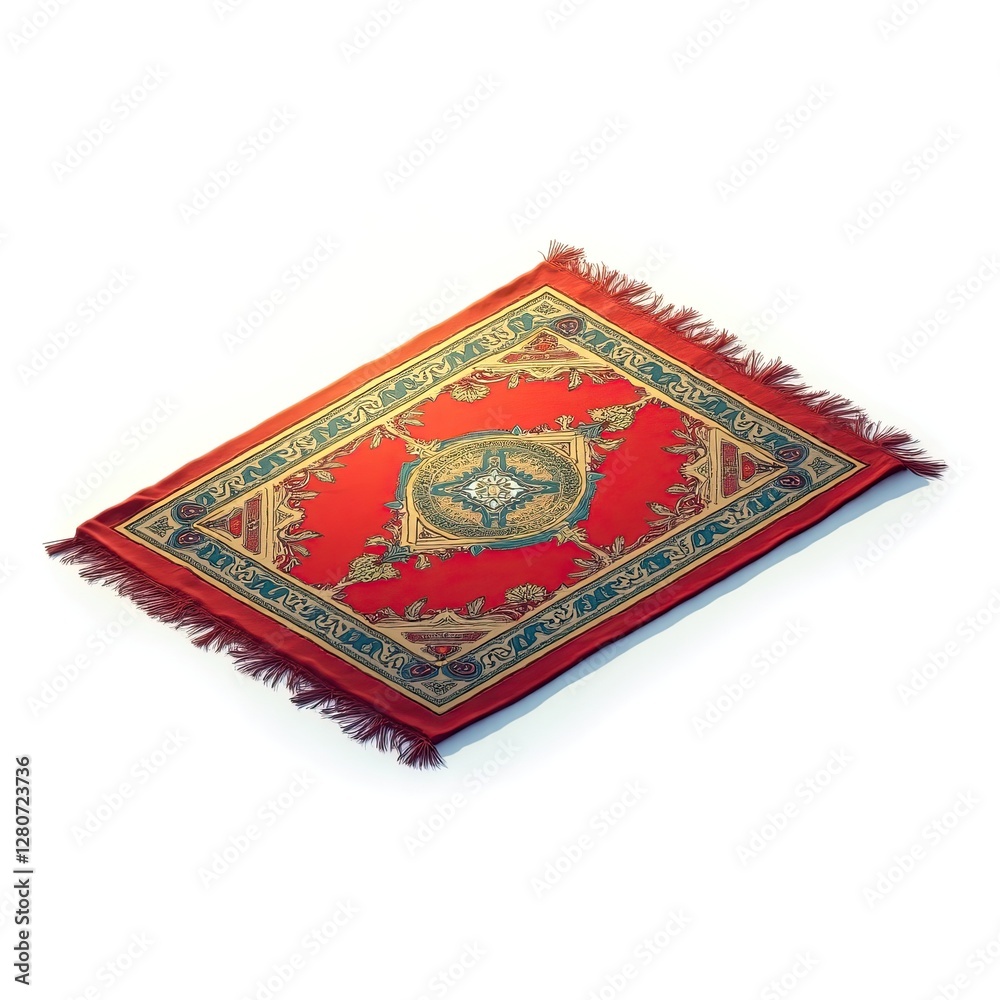 Isometric Depiction of Ornate Islamic Prayer Rug with Tassels Isolated Isometric Depiction of Ornate Islamic Prayer Rug with Tassels Isolated