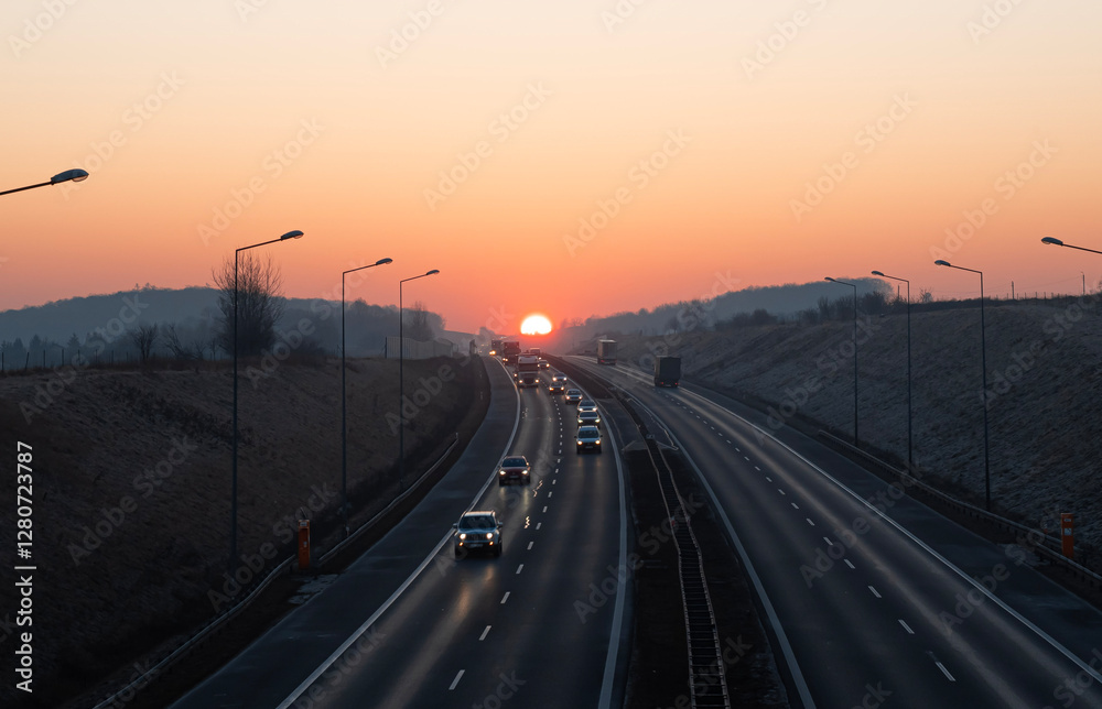 ruch samochodowy na autostradzie o wschodzie słońca