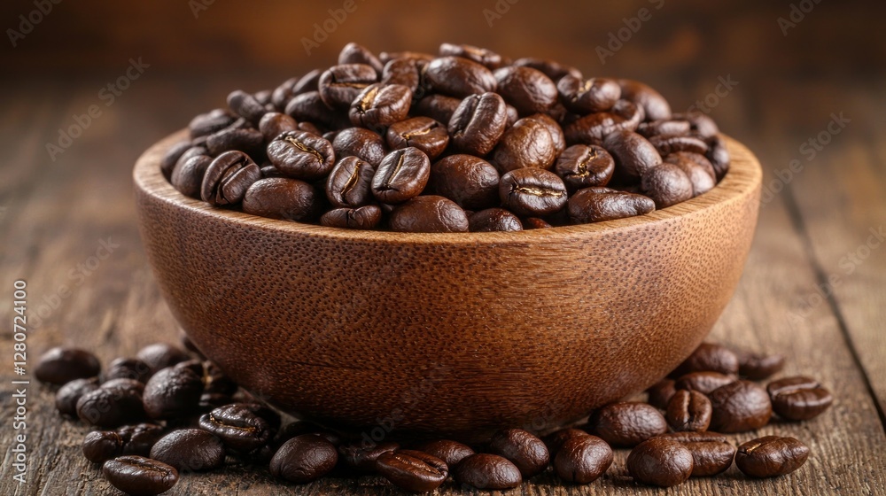 Fototapeta premium Roasted coffee beans in wooden bowl, dark wood background, food photography