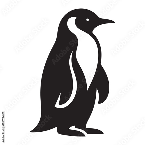 Penguin bird Silhouette Vector Illustration, Solid White Background.