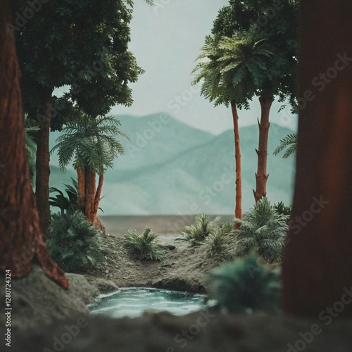 Miniature diorama of a lush prehistoric-looking landscape with a small pond, palm trees, and ferns.