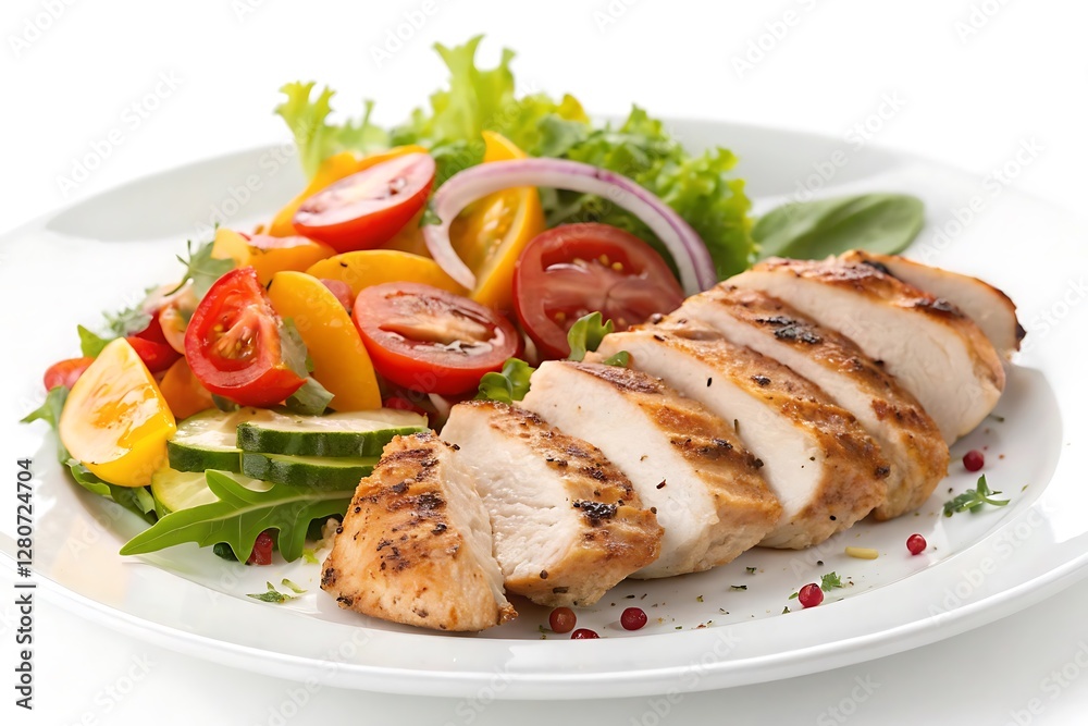 Grilled Chicken Meat with Fresh Tomato Salad on White Background Grilled Chicken Meat with Fresh Tomato Salad on White Background