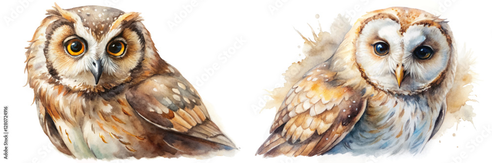 Obraz premium Detailed watercolor owls, realistic animal portraits, nature illustration, wildlife art, vibrant colors, artistic design.
