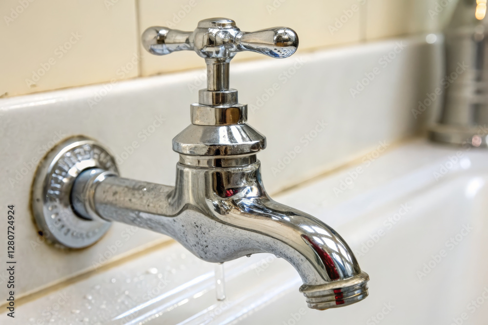 Shiny metal faucet with water dripping, showcasing modern plumbing design Shiny metal faucet with water dripping, showcasing modern plumbing design