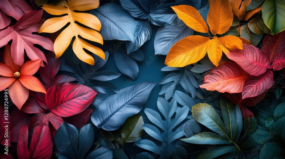 An abstract illustration with colorful jungle leaves, evoking the energy and vibrancy of summer An abstract illustration with colorful jungle leaves, evoking the energy and vibrancy of summer