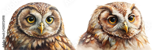 Detailed watercolor painting, realistic owl portraits, vibrant colors, wildlife art, nature illustration, artistic rendering.