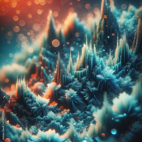 Abstract digital art depicting a fantastical landscape of crystalline structures, illuminated with soft orange.