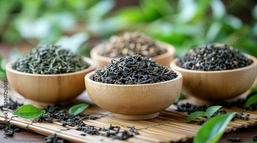 Close-up of fresh tea leaves and dried loose tea in wooden bowls, placed on a bamboo mat, high detail, soft natural lighting Close-up of fresh tea leaves and dried loose tea in wooden bowls, placed on a bamboo mat, high detail, soft natural lighting