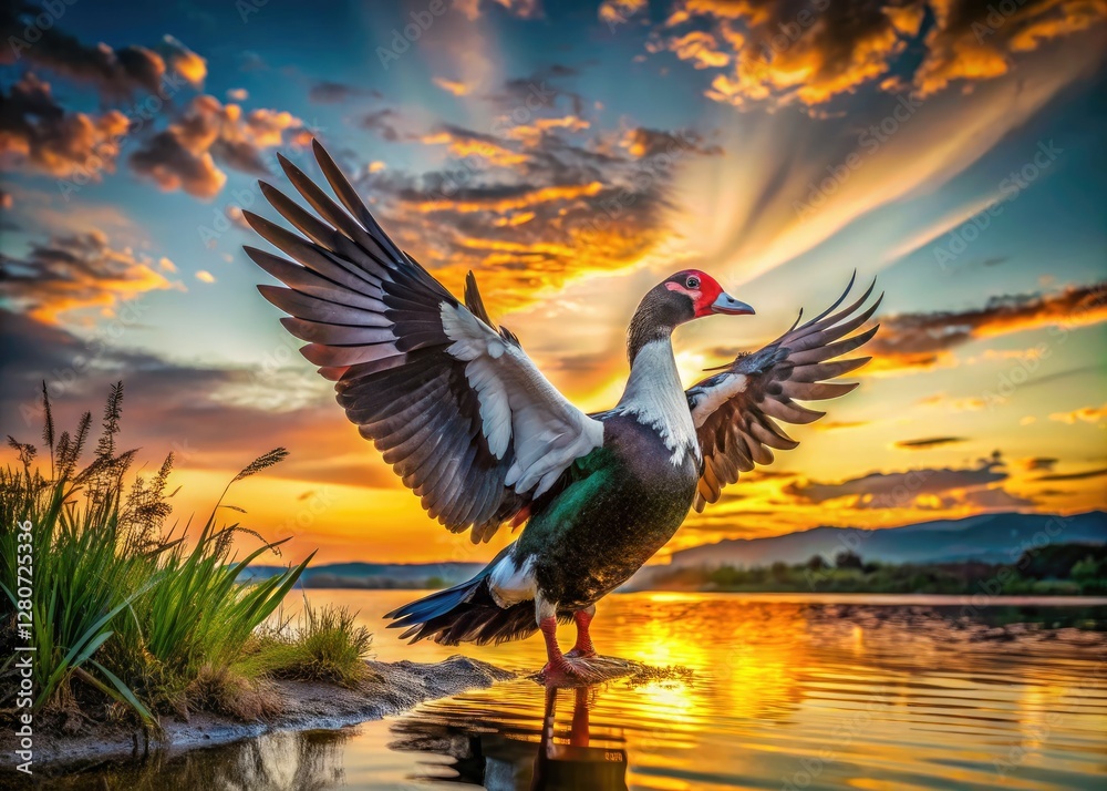 Fototapeta premium Silhouetted Muscovy duck, wings spread wide, on dry land near a lake.