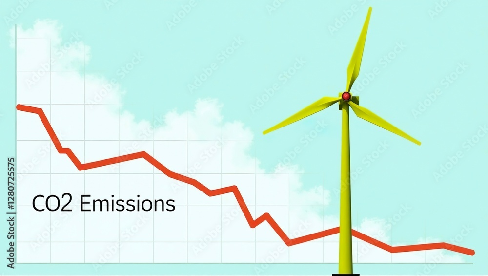 Fototapeta premium wind turbine and graph reflects the impact of wind turbine on emissions of co2