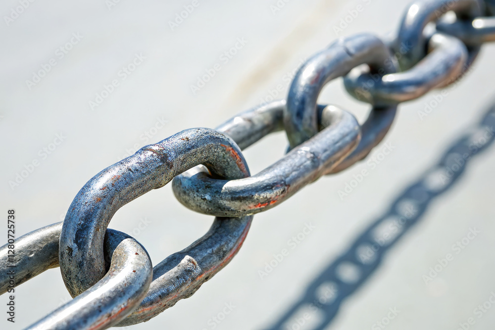 Close up of metallic chain link with shiny surface and texture