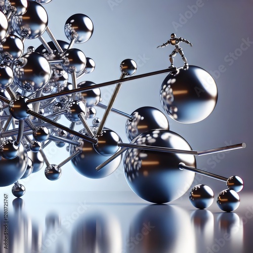 A small robot stands precariously on a complex, metallic structure of spheres and rods.