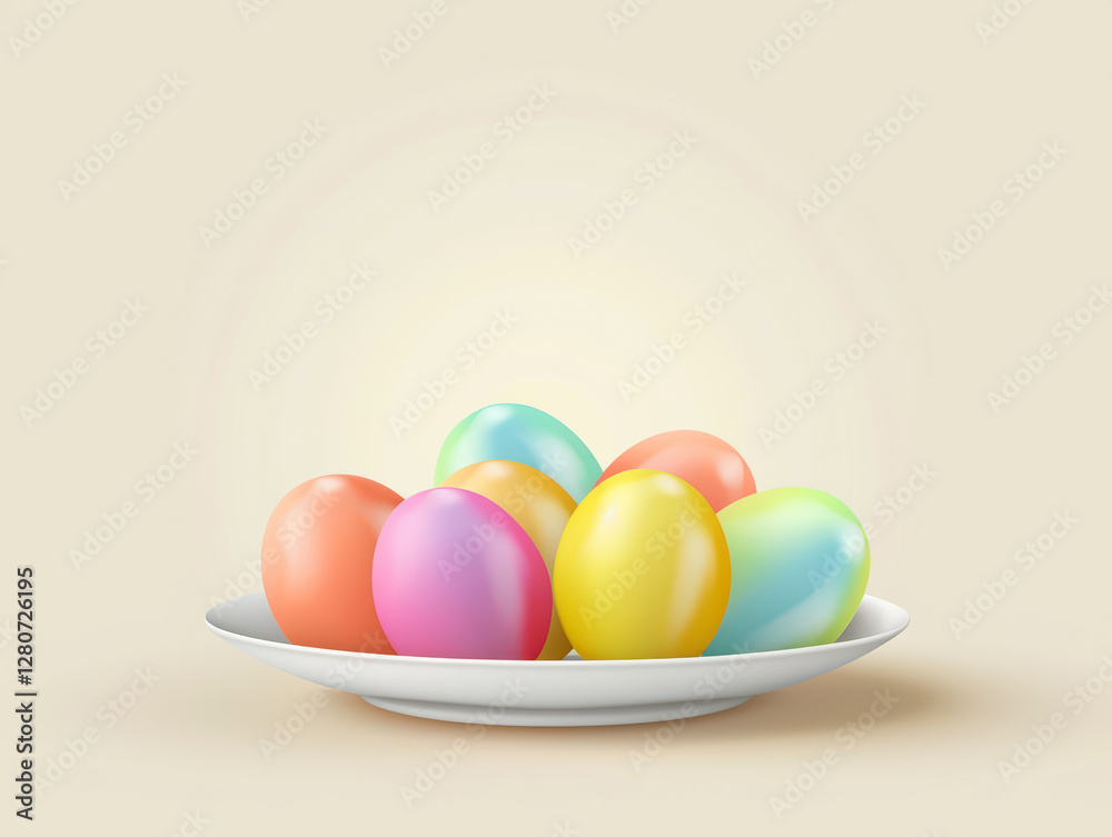 Bright colorful eggs on white plate on light background. Festive Easter sale banner. Copy space. Bright colorful eggs on white plate on light background. Festive Easter sale banner. Copy space.