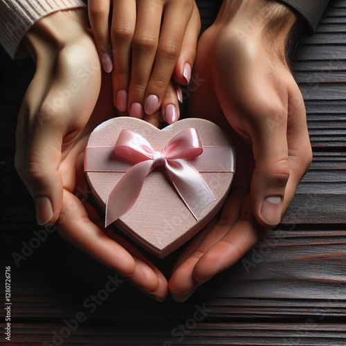 A pair of hands holding a heart-shaped gift box with a pink ribbon.