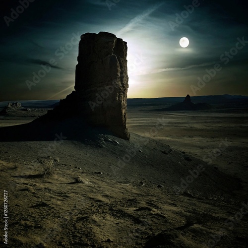 A lone rock formation in a desert landscape at night, under a full moon.