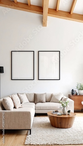 Minimalist Living Room with Beige Sofa and Wooden Coffee Table.