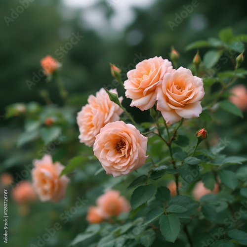 Blooming peach roses, garden photography, soft focus,, natural lighting, bokeh background
