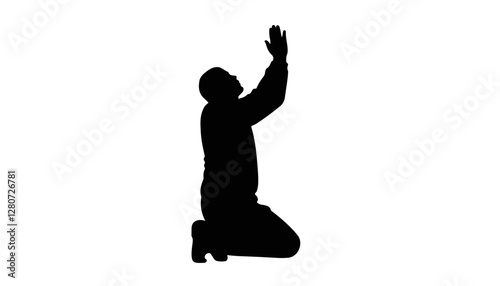 Silhouette of a person praying on knees against a white background
