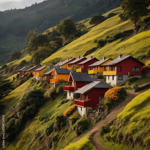 Colorful houses are built on a lush green hillside.