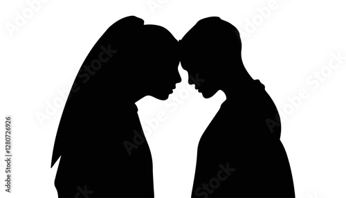 Silhouetted couple touching foreheads on white background