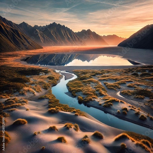 Aerial view of a river flowing through a sandy landscape, with mountains in the background at sunset.