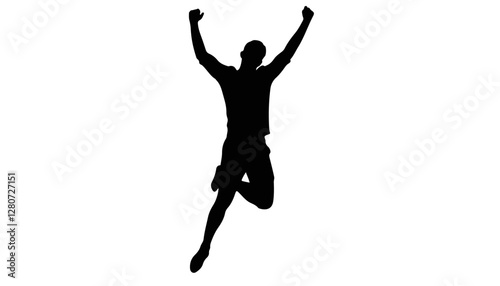 Silhouette of a joyful person jumping against a white background