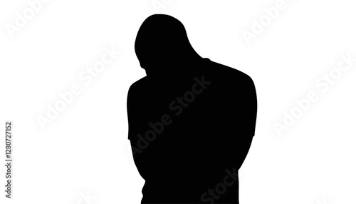 Silhouette of a person with head down in a plain background