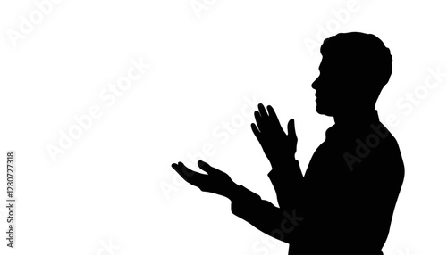 Silhouette of a man gesturing expressively against a white background